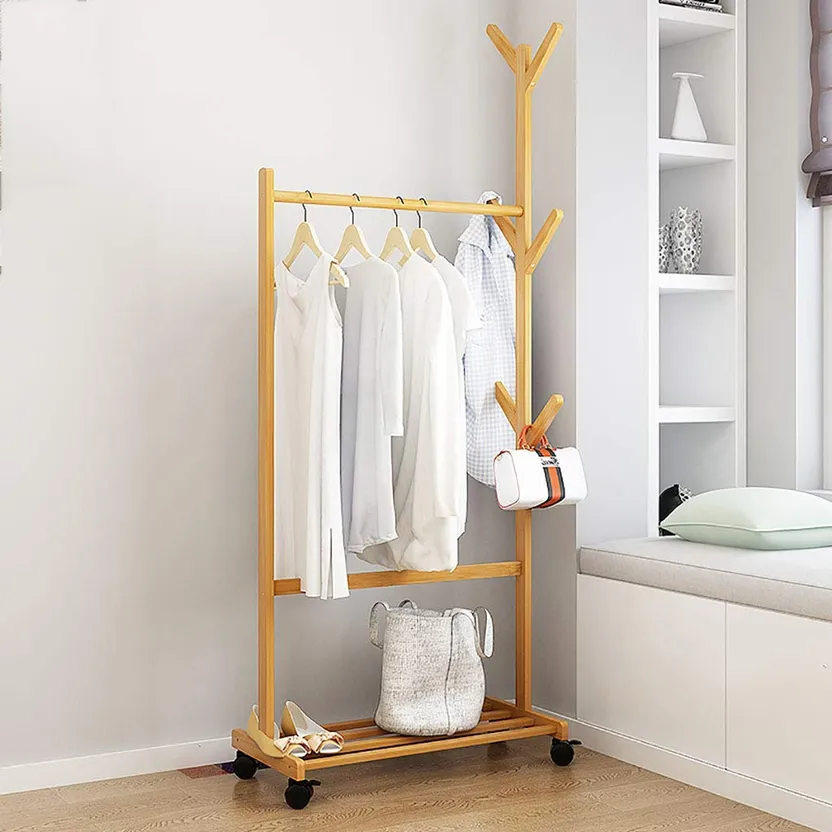 House Of Quirk Single Rail Bamboo Garment Rack With 6 Side Hook Tree Stand  Coat Hanger And Four Stables Leveling Feet For Jacket, - Buy House Of Quirk Single  Rail Bamboo Garment