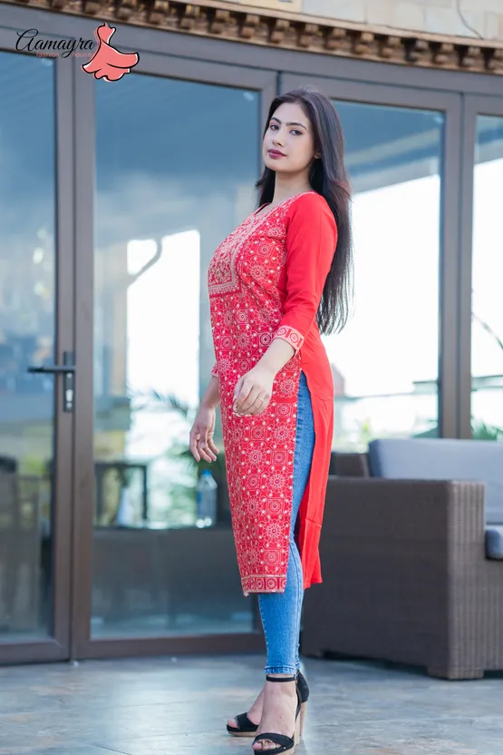 Printed Pure Cotton Straight Kurti in Red : TBX53