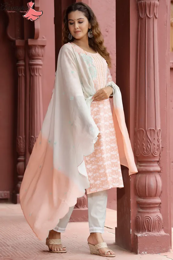 Fitoor Light Orange Printed Women Kurti with Dark Grey Pant | Bhadar